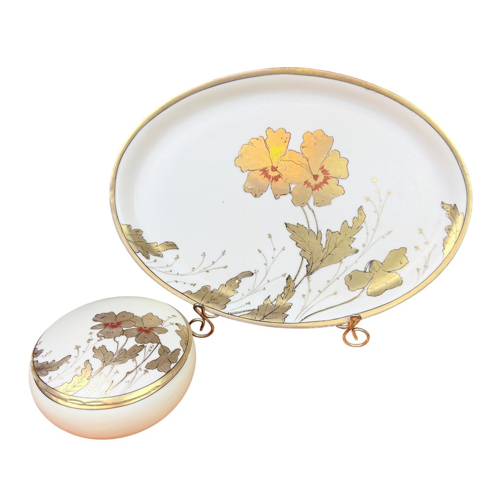 1909 Art Deco Dresser Tray & Covered Jar Set Porcelain Gold Antique Poppy LOOK